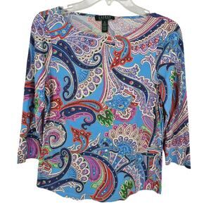 Lauren Ralph Lauren Blue Multi Paisley Print 3/4 Sleeve Boat Neck Preppy Top M